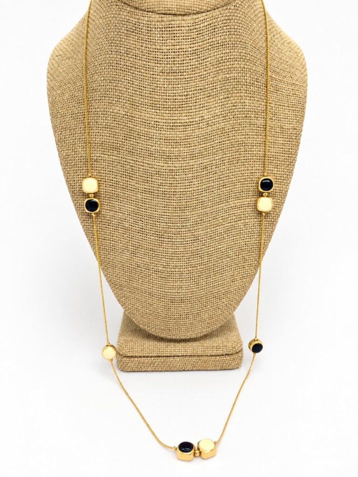 MONET STATION NECKLACE Black Cream Enamel Gold Tone Long Minimalist 34″