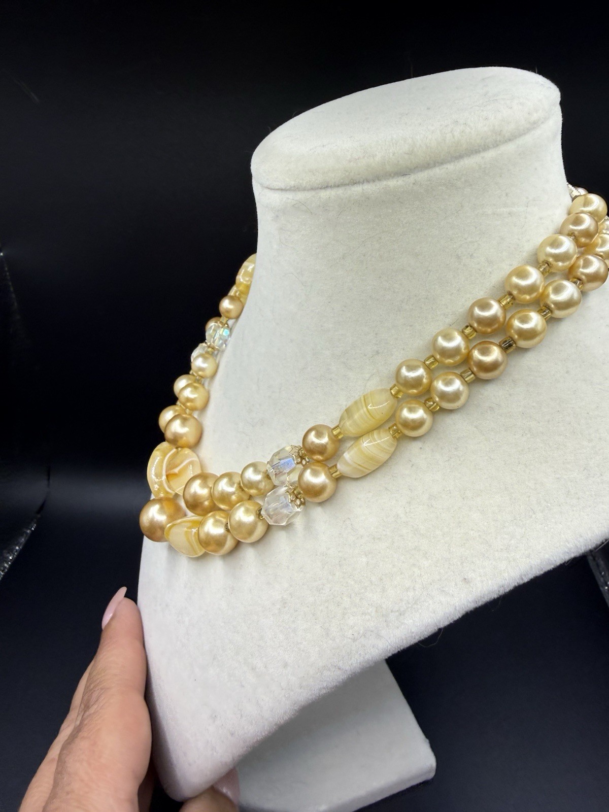 Vintage Unsigned Glass Bow Pearl Double Strand Necklace 50s Japan