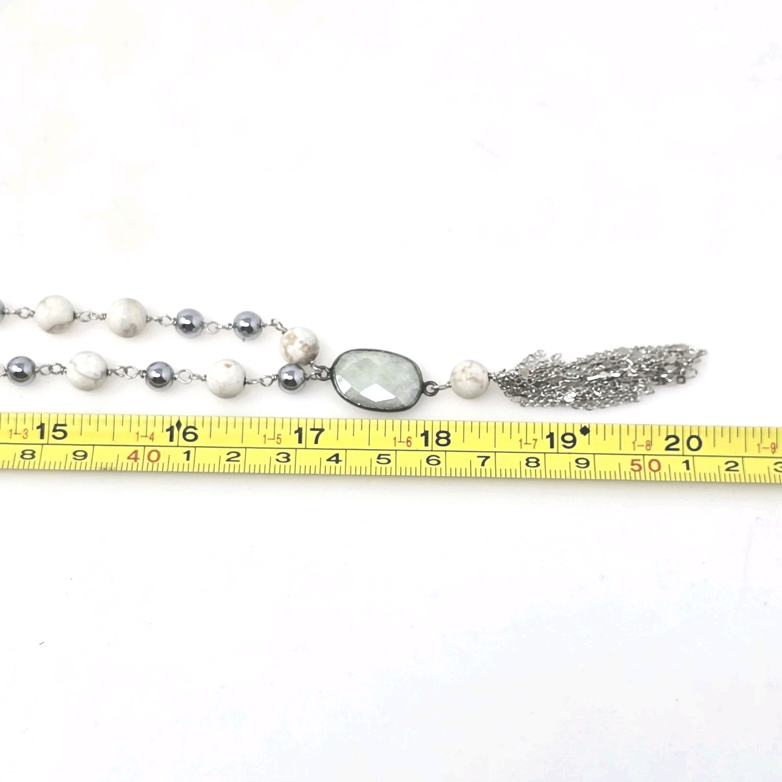 AMJ 34″ Beaded Tassel Necklace Faceted Crystal Pendant Silver Tone Long