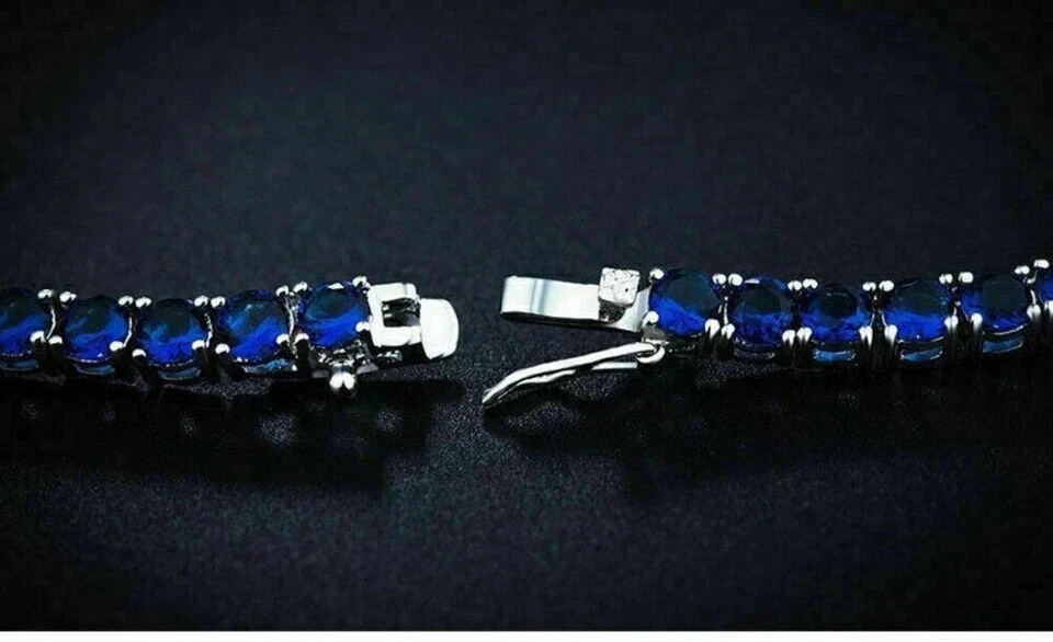 20TCW Round Cut Lab Created Blue Sapphire Tennis Necklace 14k White Gold Plated