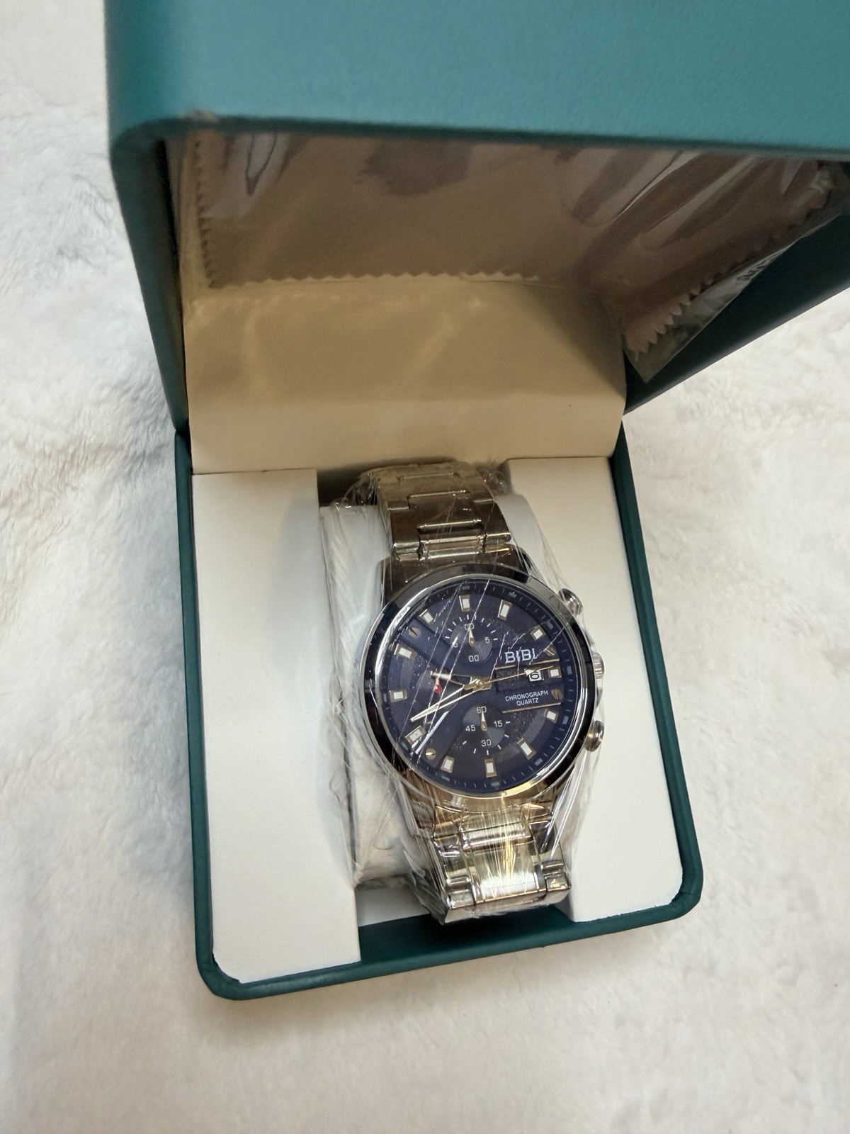 BIBI Blue Dial Chronograph Quartz Analog Watch Silver Metal Bracelet w/ Box