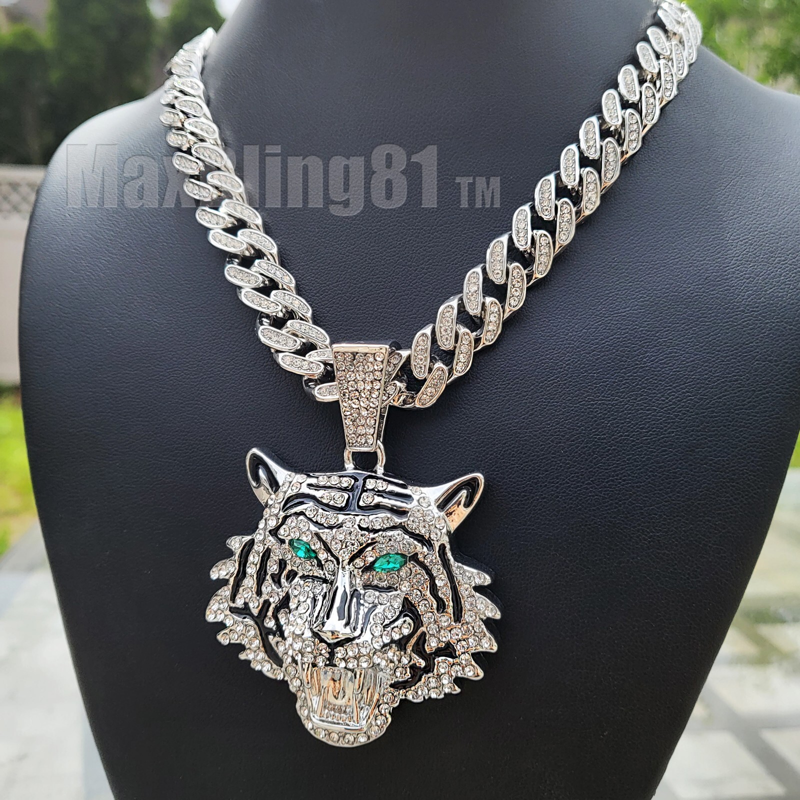 Icy Silver Plated Alloy Tiger Pendant & Cubic Zirconia Iced Cuban Chain Necklace