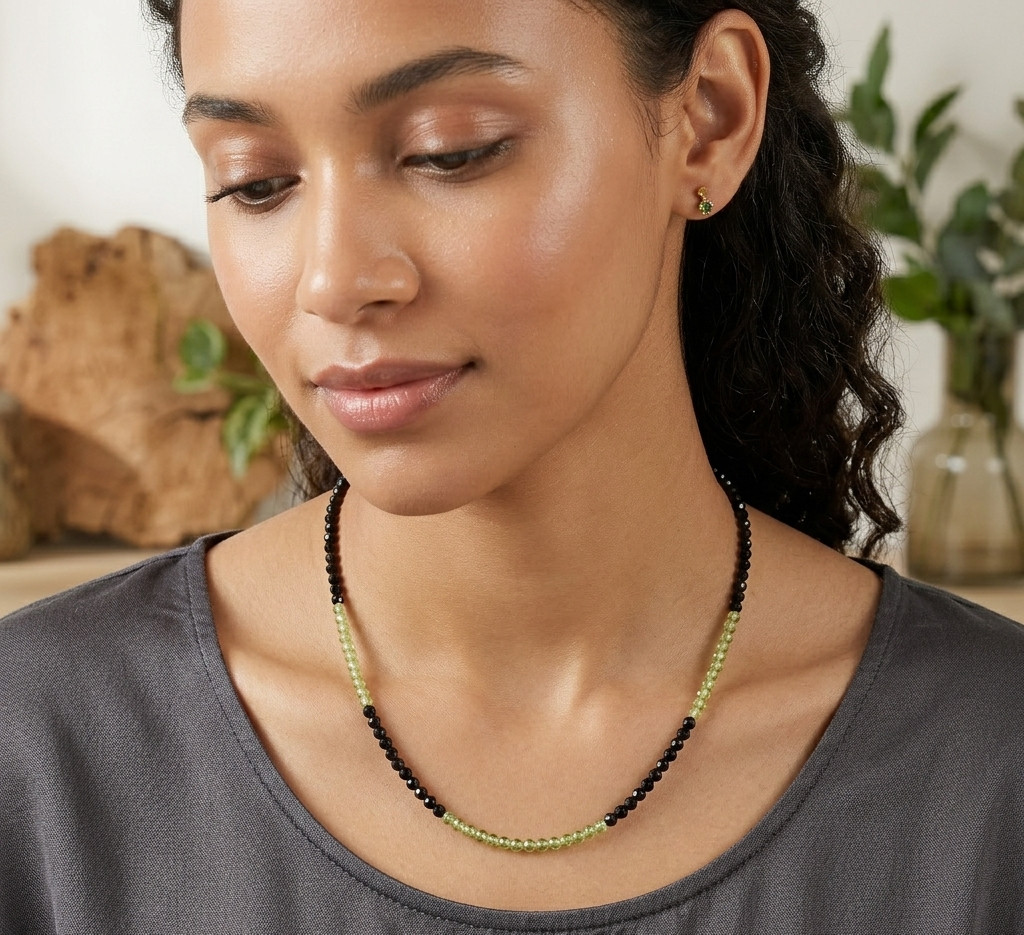 Handmade Black Spinel & Peridot 3mm Beaded Necklace 925 Sterling Silver 18″