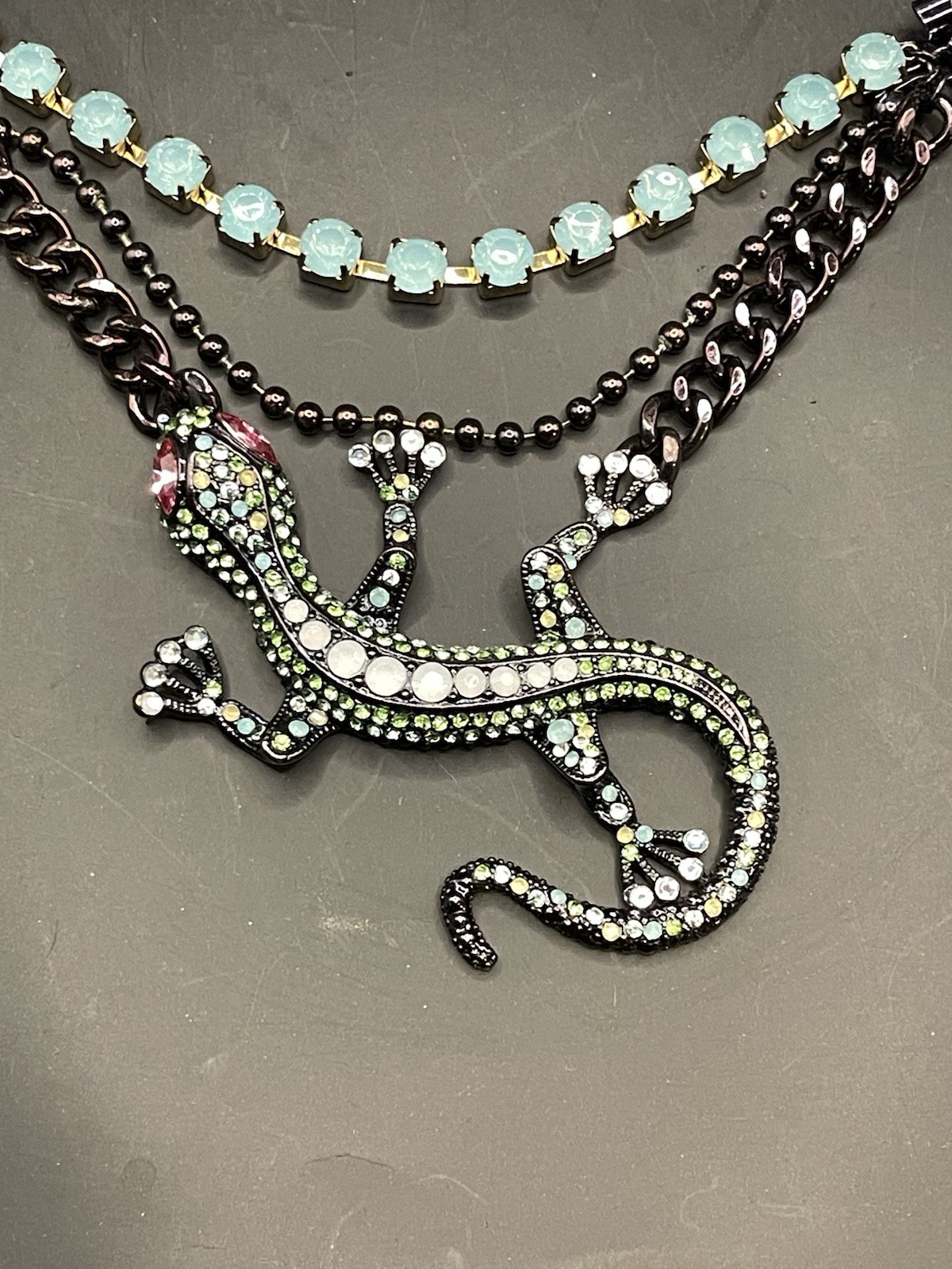 Betsey Johnson Gecko Lizard Necklace Pink Green Rhinestone Vintage