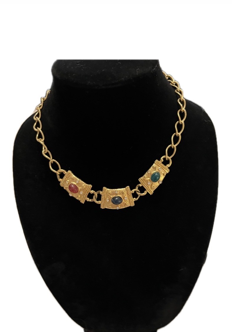 Vintage Avon Multistone Panel Necklace with Red, Blue and Green Cabochons