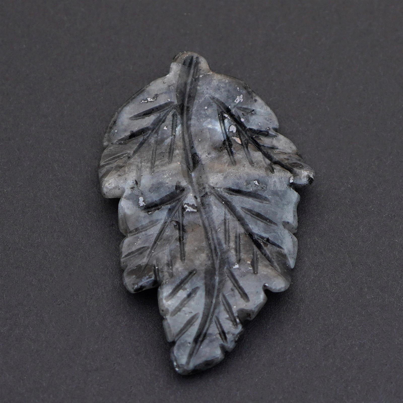 Long carved grey Norwegian moonstone leaf pendant top drill larvikite stone 41mm