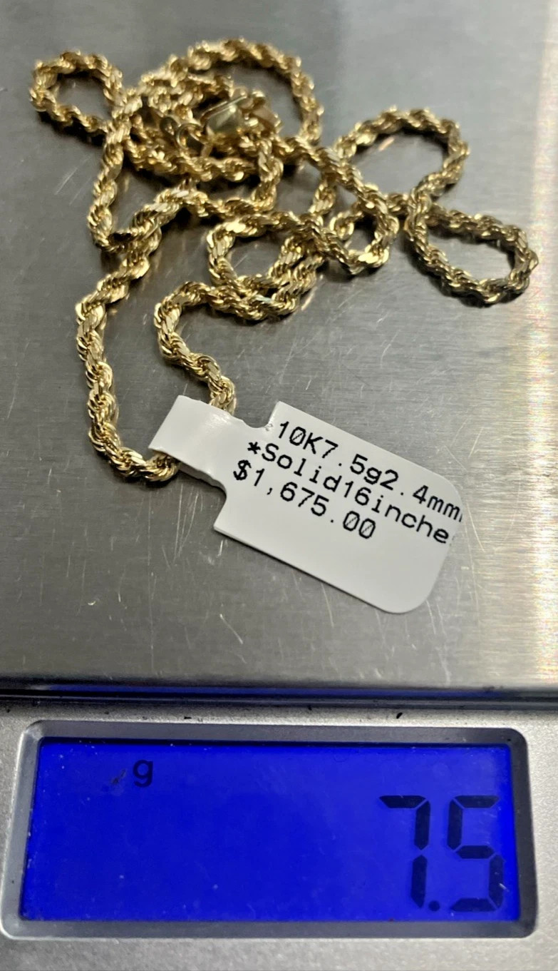 10kt Real Solid Gold Rope Chain Necklace 7.5grams 2.45mm 16” GND Brand NWT 10K