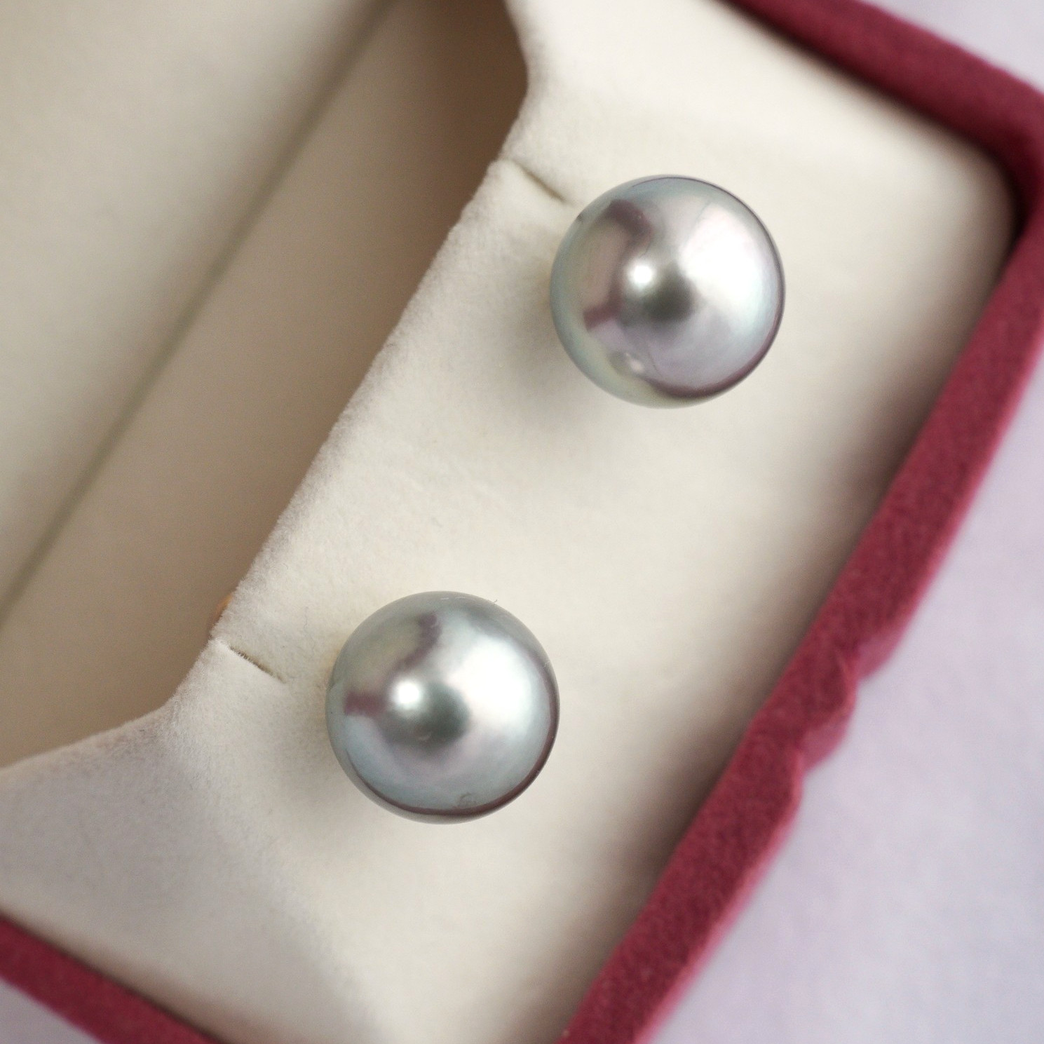 Big 12.2-12.4mm Round Silver Tahitian Pearl Stud Earrings 18k Solid Yellow Gold