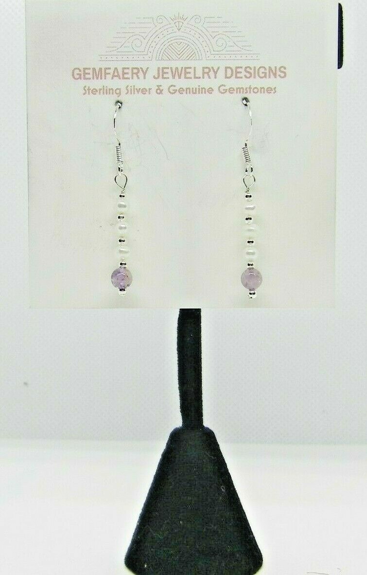 Sterling Silver Natural AMETHYST & PEARL Dangle Earrings #2401…Handmade USA