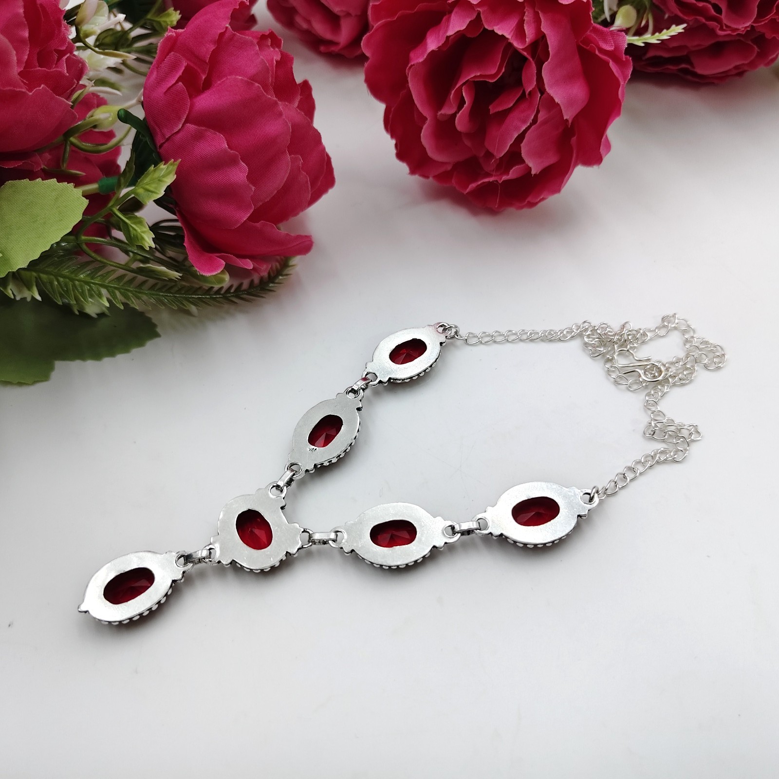 Red Garnet Gemstone Handmade 925 Sterling Silver Jewelry Necklace Size-17-18″
