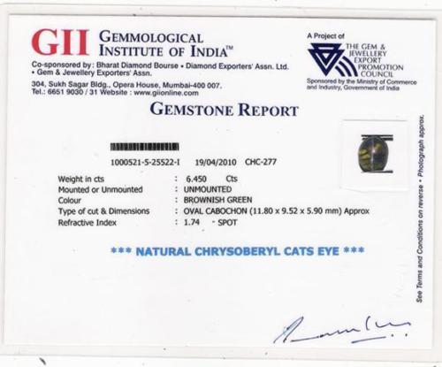 GII Certified MADAGASCAR Chrysoberyl Cat’s Eye 6.45 Cts Natural Untreated Oval