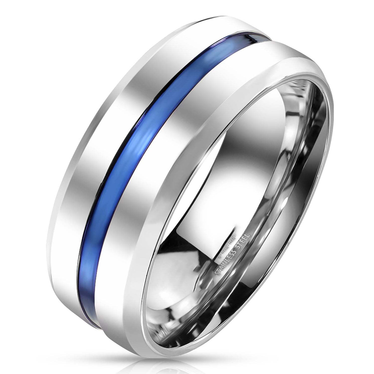 His Her Blue Simulated Sapphire CZ Silver Steel TRIO Wedding Ring Set