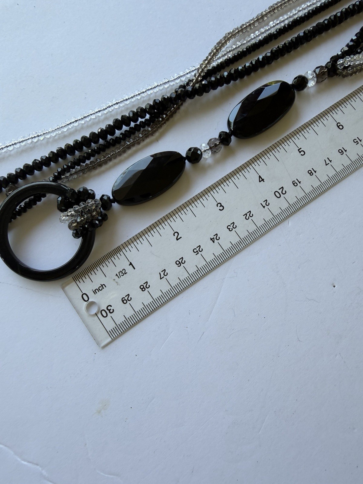 Black Onyx W/ Gold, Clear & Black Glass In 32” Lariat Necklace Adjustable