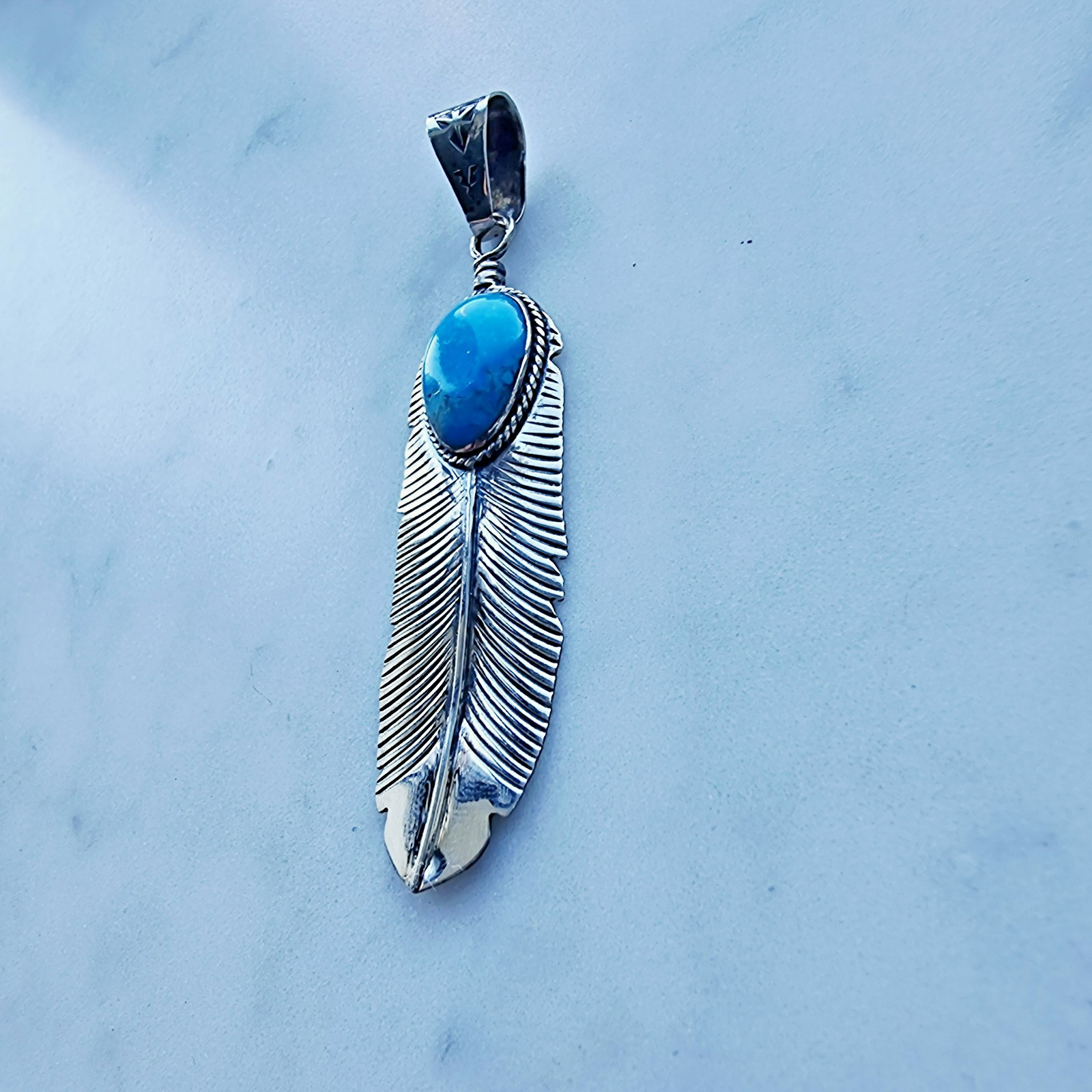 925 STERLING SILVER BLUE 17X12 MM. TEARDROP TURQUOISE FEATHER PENDANT