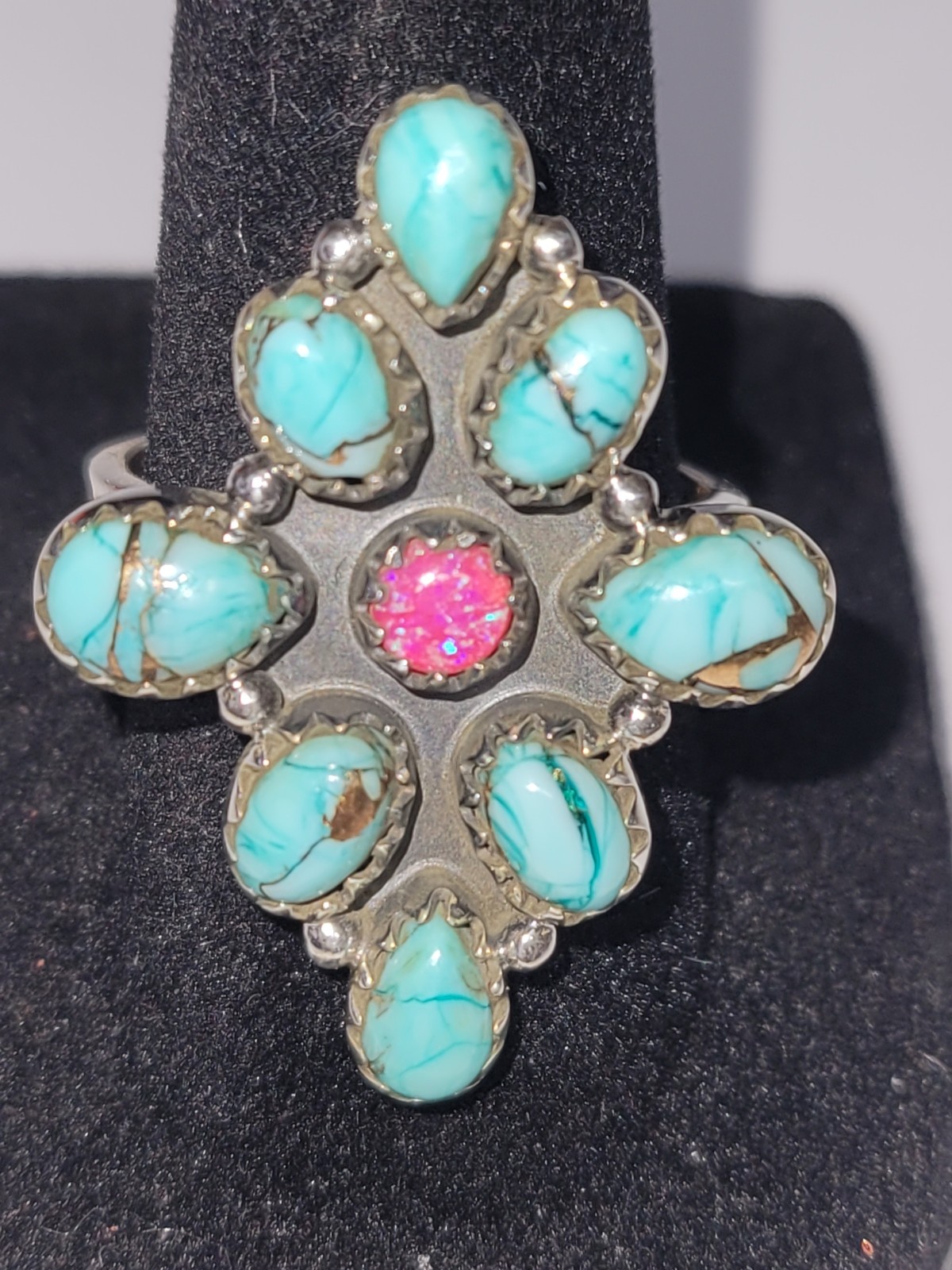 Mint dahlia & pink lab opal adjustable ring – SS 925-handmade- full silver back