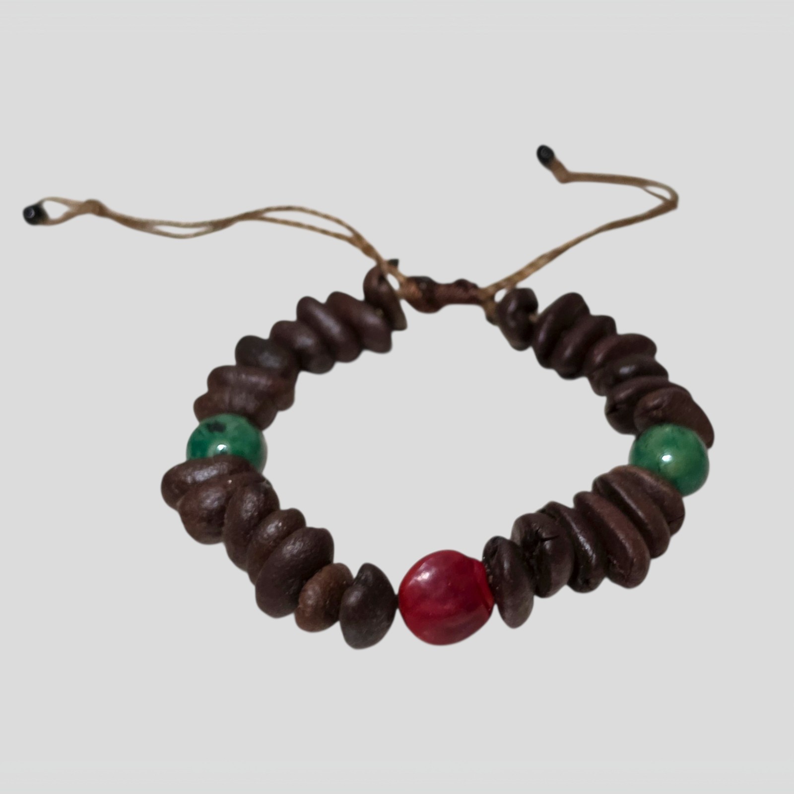 Vintage Coffee Bean Wood Bead Bracelet Adjustable Slide Knot Boho Artisan