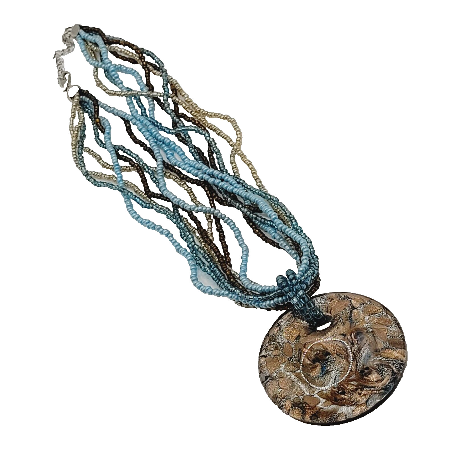 8 Strand Seed Beed Necklace with Metallic Foiled Large Round Art Glass Pendant
