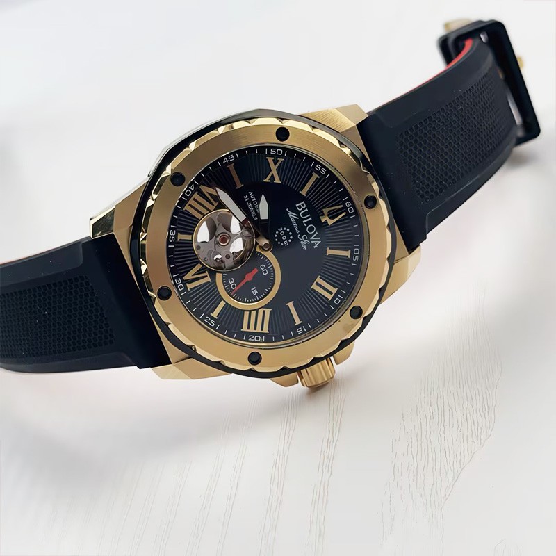 Bulova Marine Star A 98A272 Men’s Automatic Watch Black Gold Dial Silicone Strap