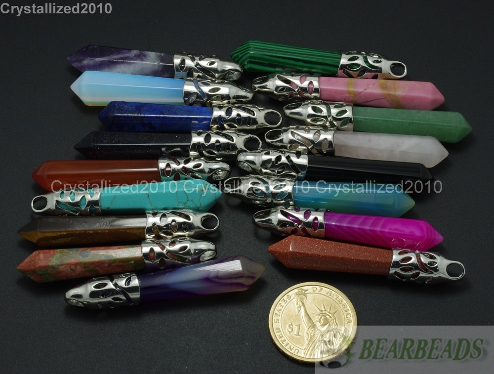 Natural Gemstone Long Hexagonal Pointed Reiki Chakra Healing Pendant Beads Pick