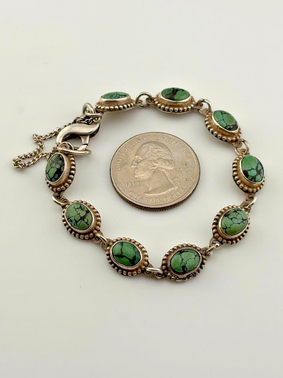 VINTAGE STERLING SILVER GREEN TIBETAN TURQUOISE BRACELET 7″ 14.54G S CHAIN 1476