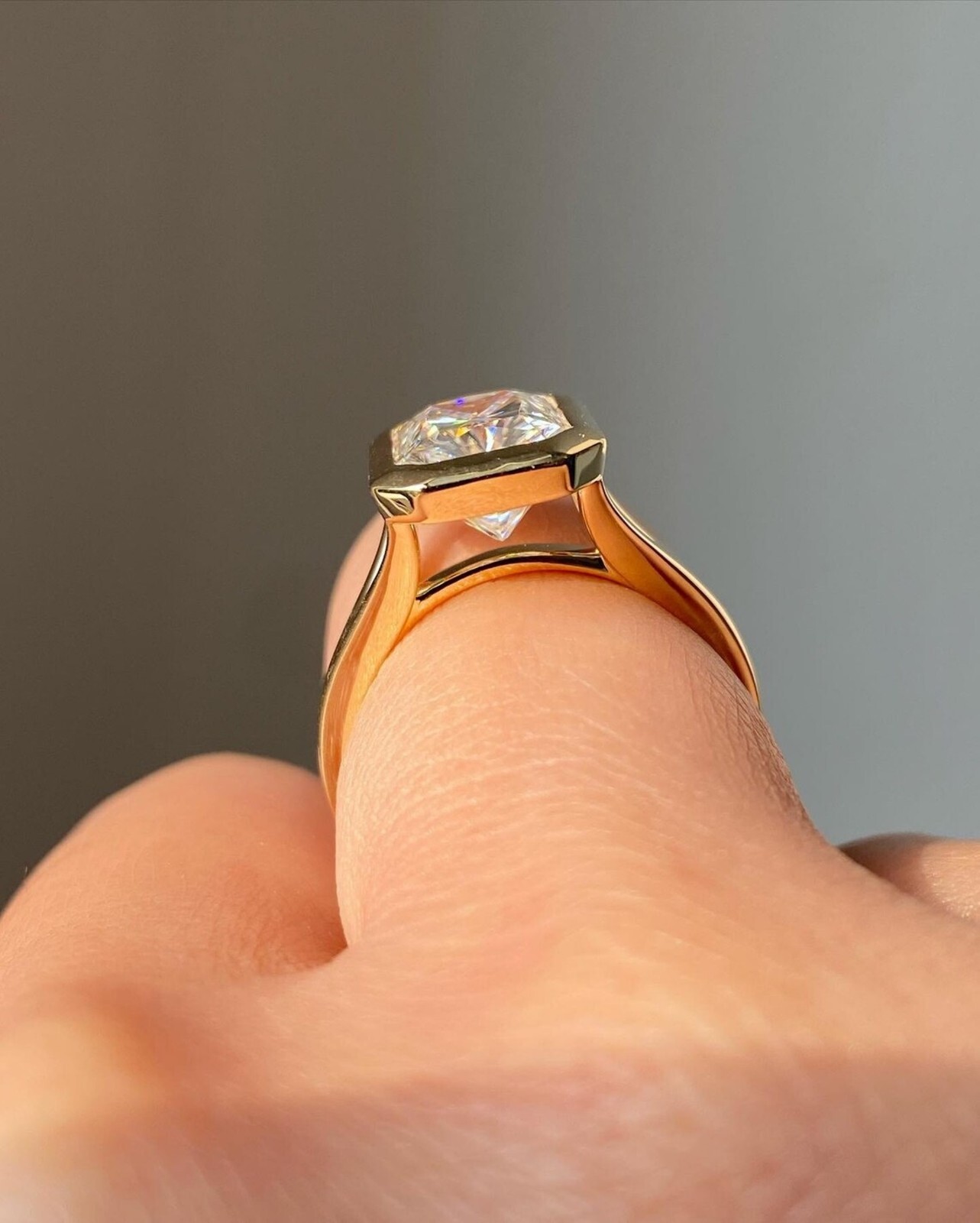 Radiant Cut Moissanite Solitaire Bezel Set Wedding Ring 14K Yellow Gold Plated