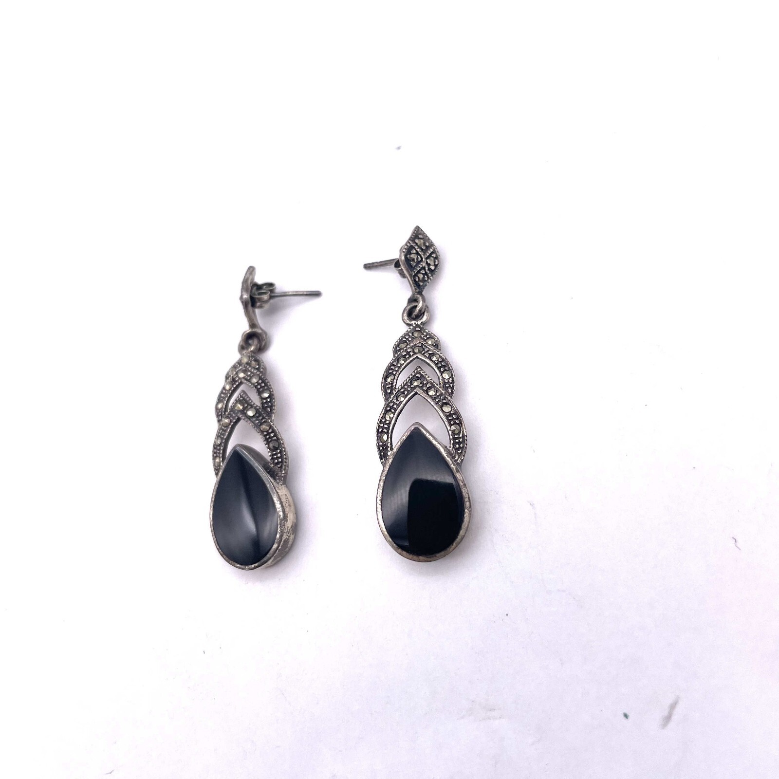 Black Onyx Marcasite Teardrop Dangle Earrings 925 Sterling Silver
