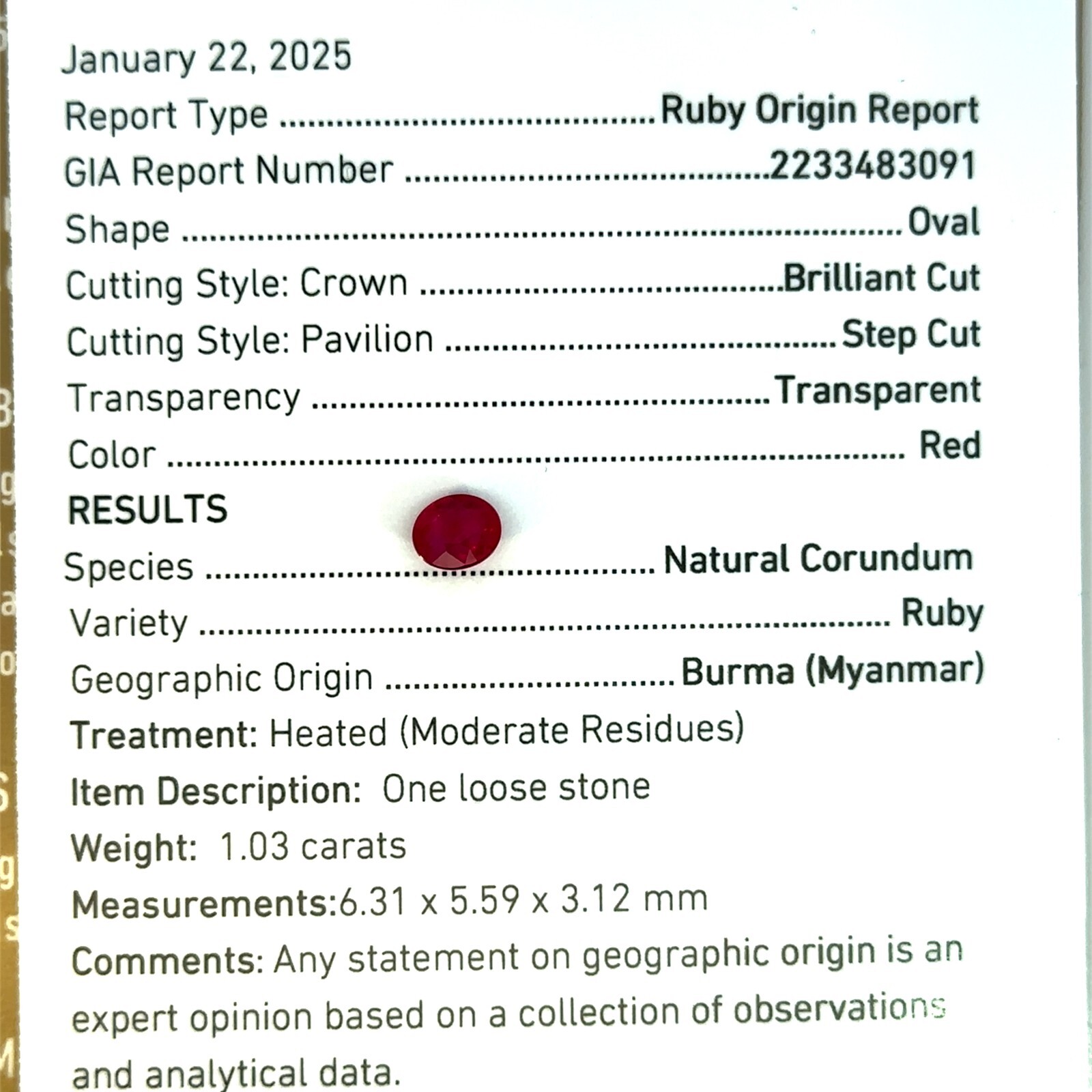GIA Certified 1.03 Carats 6.31 x 5.59mm Oval Burmese Ruby Loose Gemstone – G012
