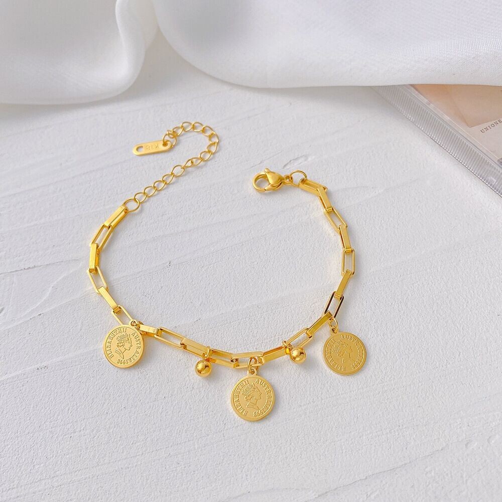 Woman 18K Gold Plated Elizabeth Queen Beaded Charm Box Chain Bracelet Bangle