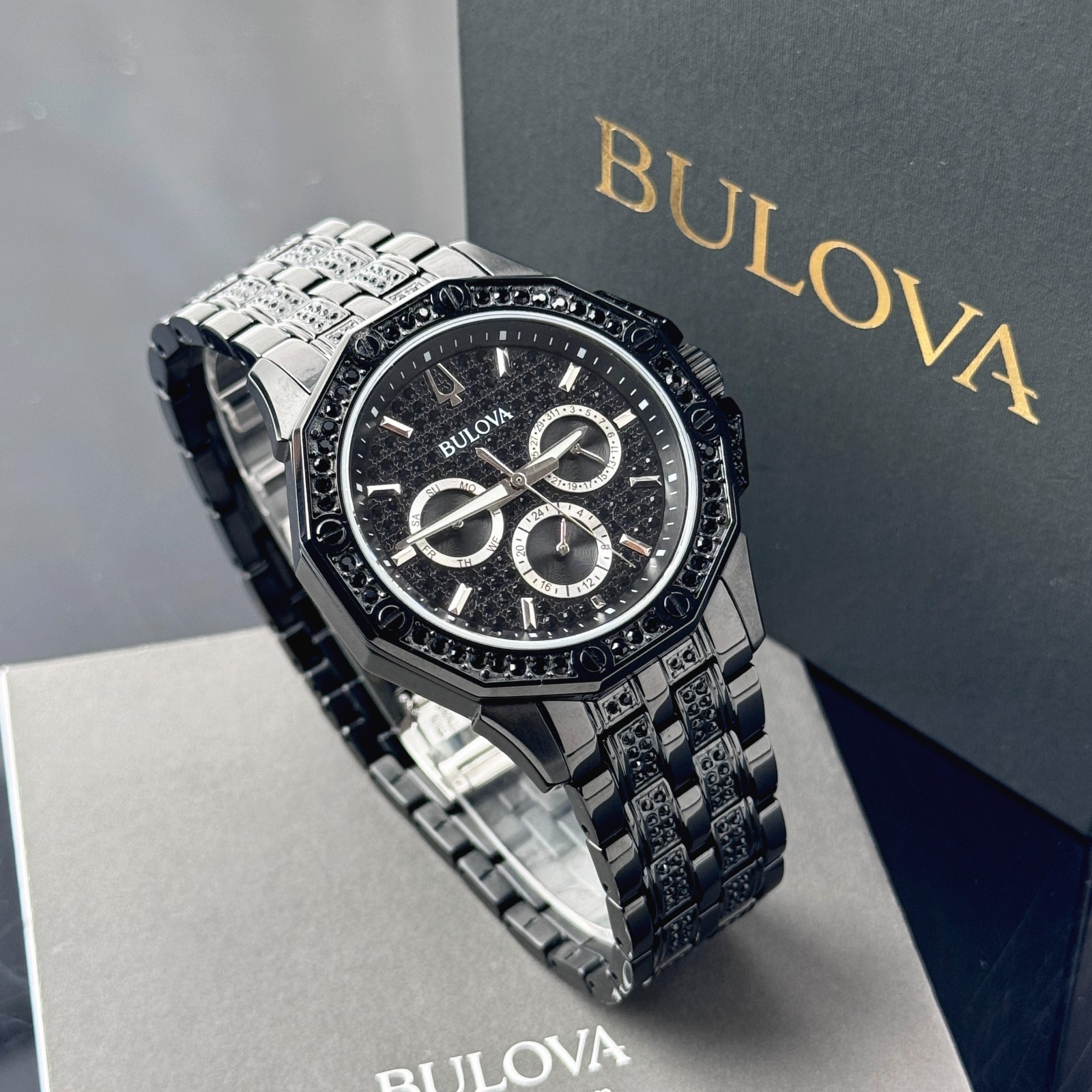 Bulova Octava Black Pave Crystal Stainless Steel Quartz Men’s Watch 98C134