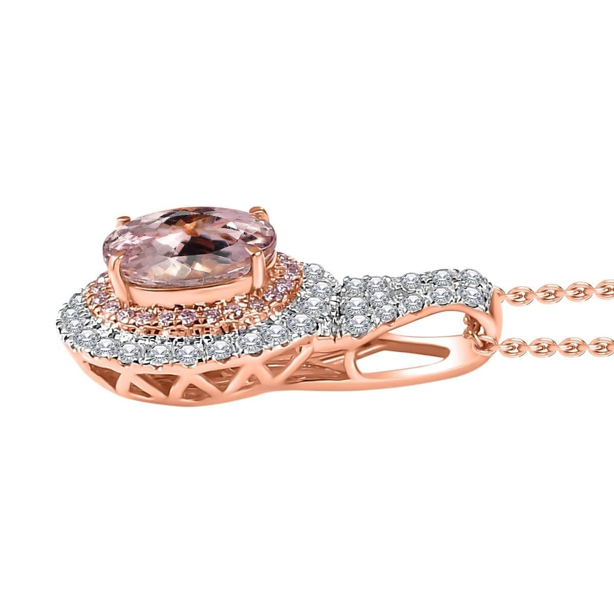 Pink Morganite G-H I2 Diamond 2.35 Double Halo Pendant Necklace 20 ” Rose Gold