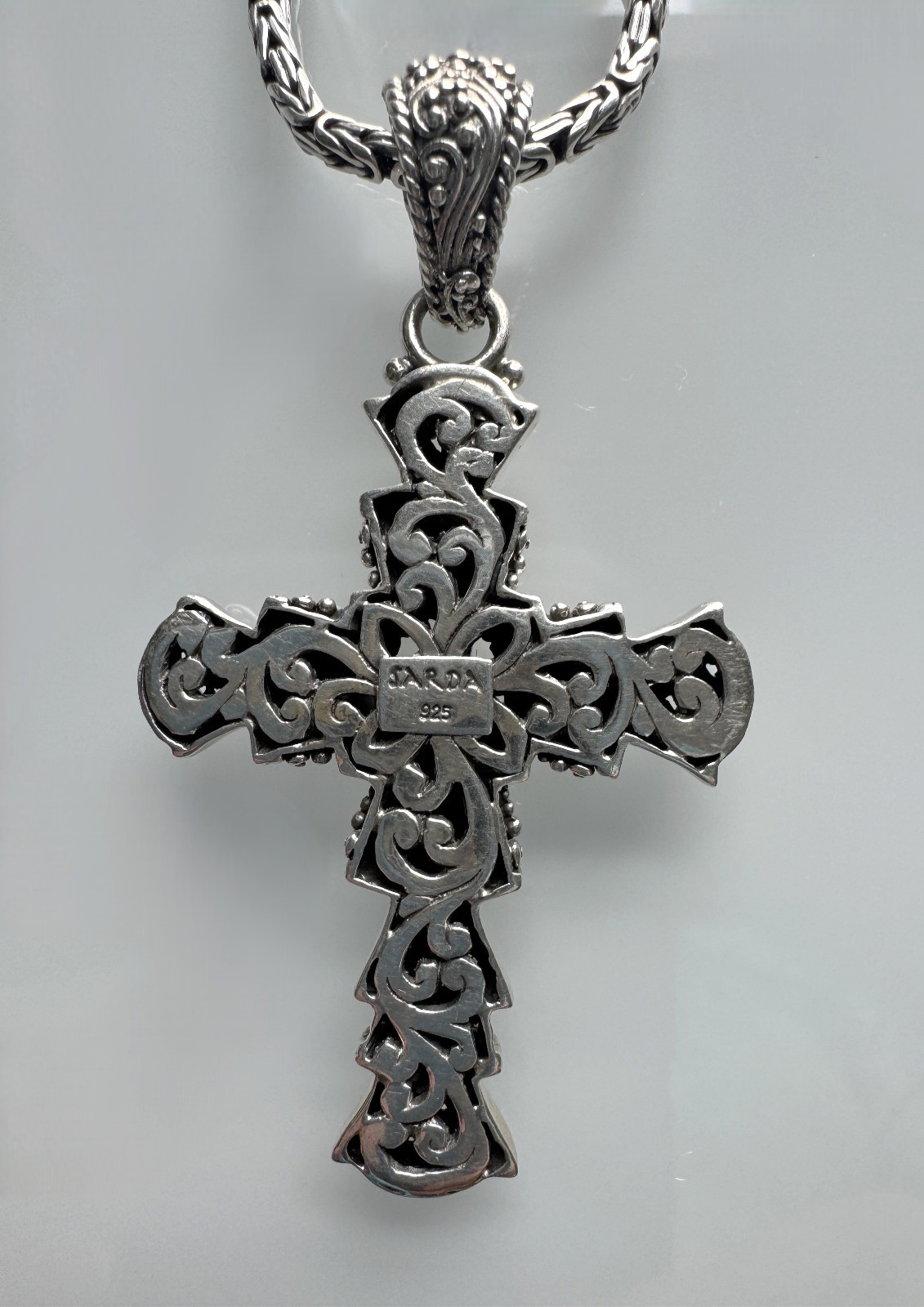 SARDA Bali 925 Sterling Silver 20″+4″ Byzantine Chain & 2.7″ Cross Pendant