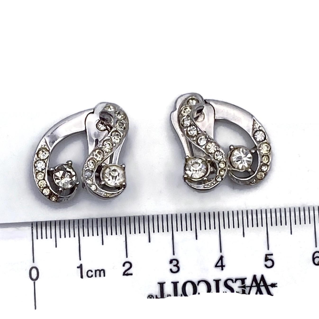 1950s Mid Century Style Silver Tone and Rhinestone Vintage Clip on Earrings.