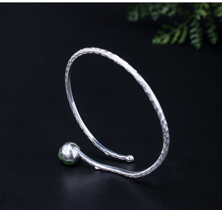 I04 Green Jade Rose Branch Bangle Bracelet 57mm Sterling Silver 925