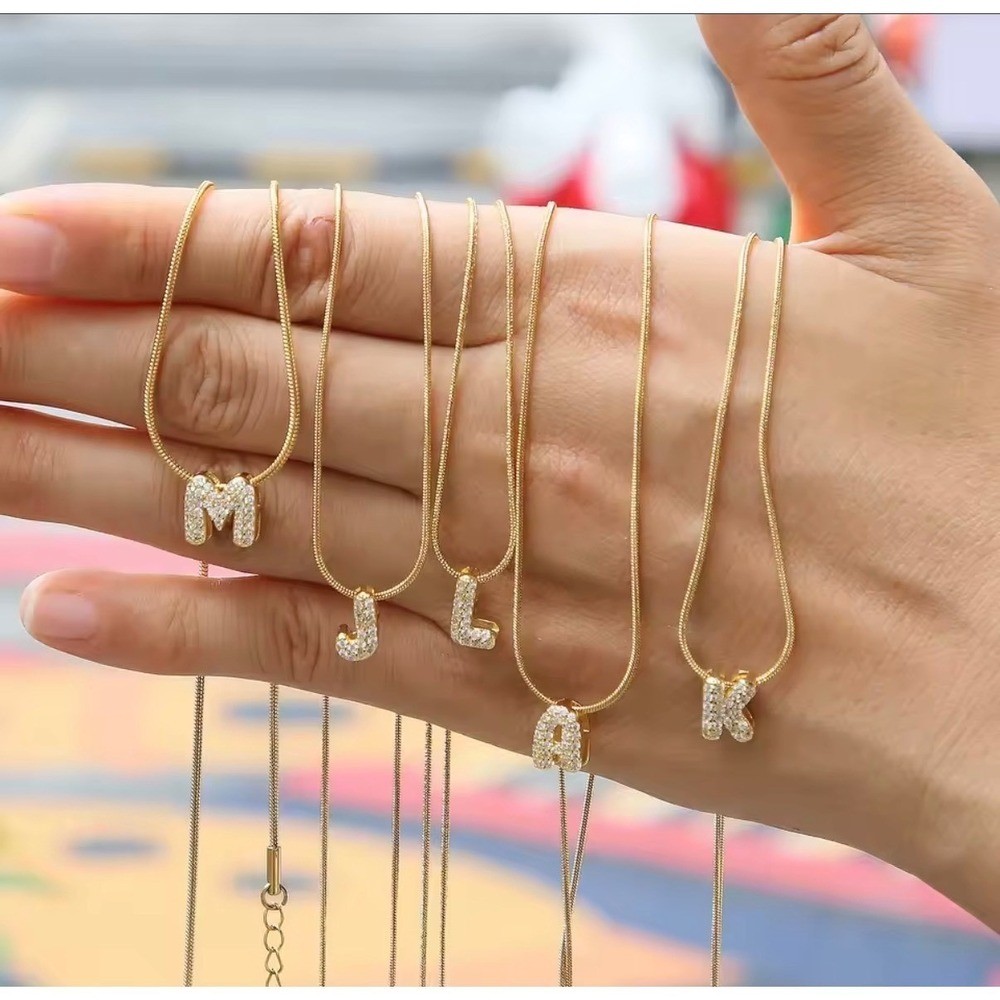 18k Gold Played Initial Pendant Necklace Cubic Zirconia Letter Bubble Chain