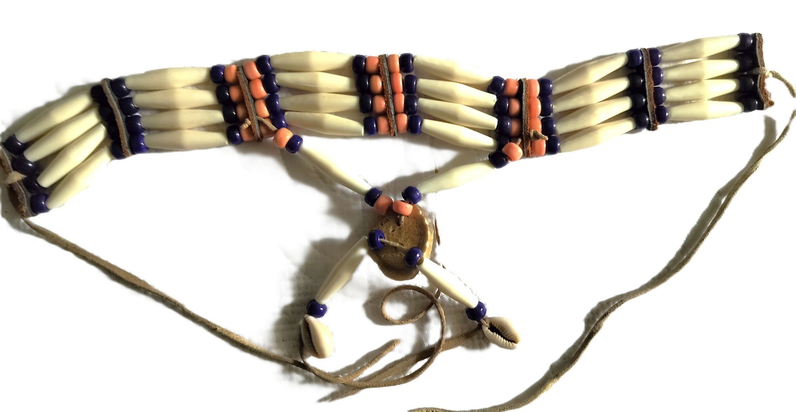 Vintage Native American Buffalo Bone Abalone Beads Leather Choker Necklace VGC!