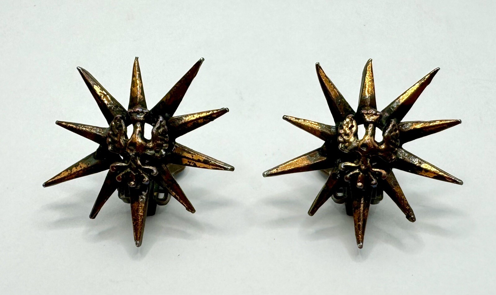 Vintage 50’s Copper Medallion Heraldry Crown Eagle Starburst Clip On Earrings
