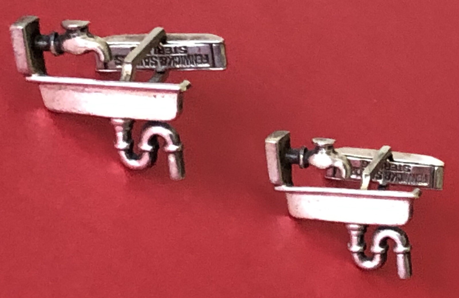 Vtg Sterling Silver Figural Kitchen Sink Father’s Day Gift Dad Joke CUFFLINKS