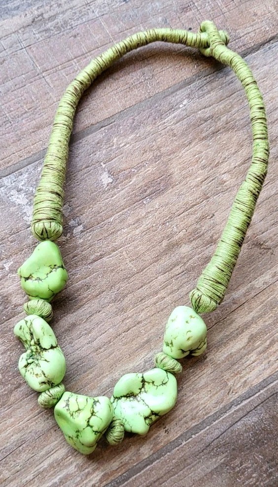 Vintage Green Gaspeite Nugget Yarn Wrapped Necklace Free Shipping