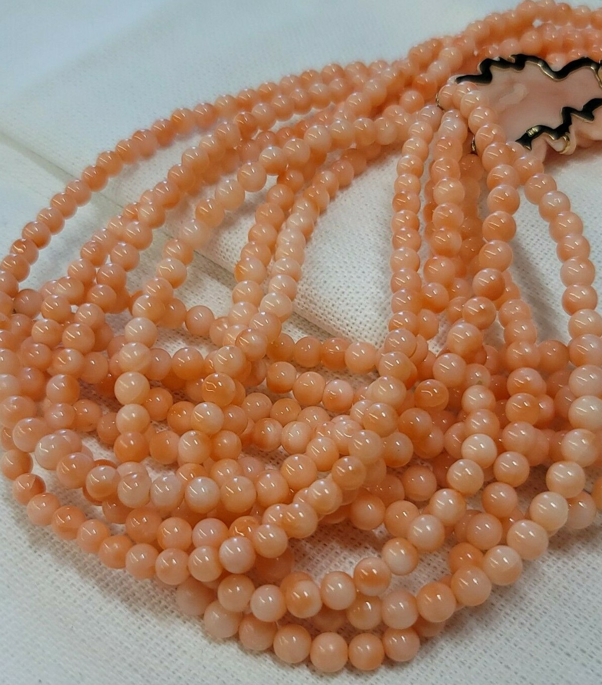 Pink Coral Round Floral Rose 6 Strand Beaded 14K Gold Necklace 114g Angel Skin