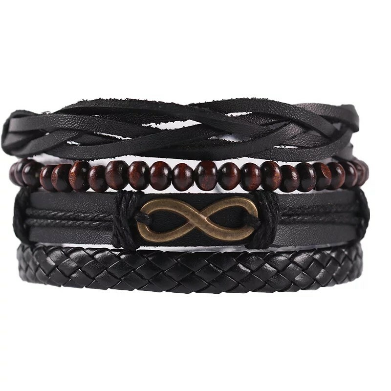 Popular Men’s Cowhide Trendsetter Leather Bracelet Alloy Infinity Wood Bead PU