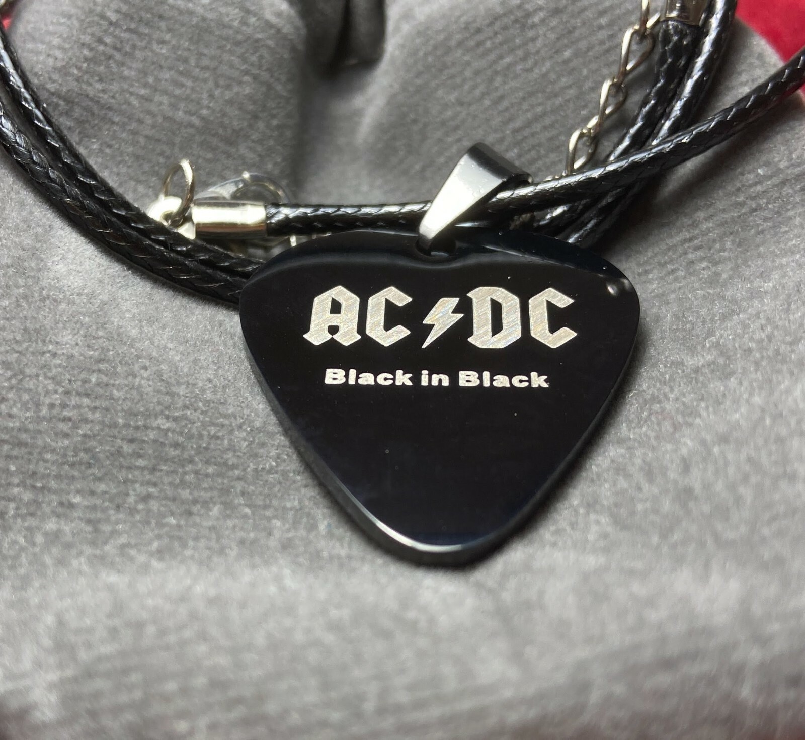[NEW] ACDC Guitar Pick Necklace Black Stainless Steel Rock Band Jewelry w/ Pouch