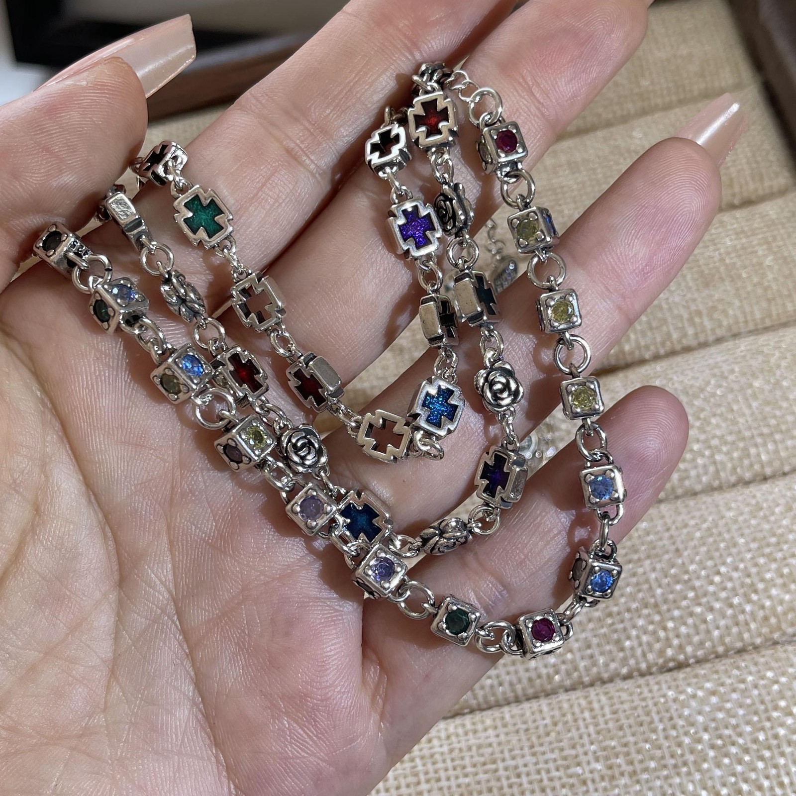 Solid 925 Sterling Silver Retro Cross Bracelet Vintage CZ Handmade Unisex Gift