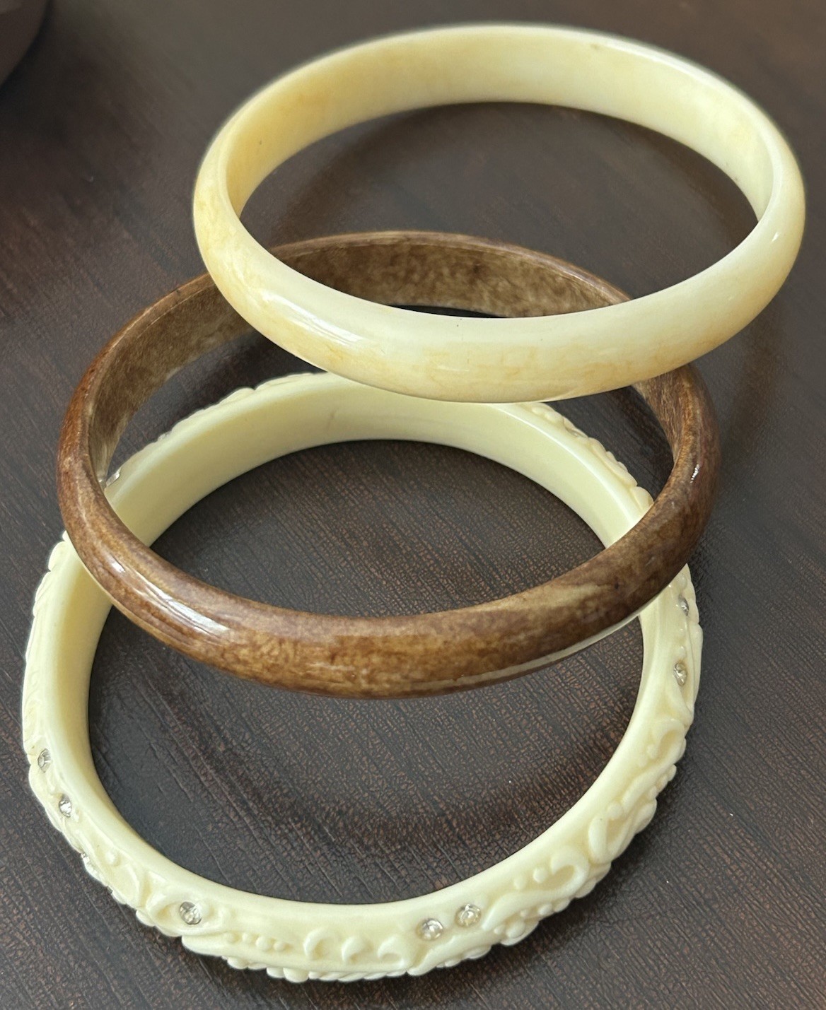 Vintage Style Bangle Bracelet Lot 3 Ivory Brown Resin Rhinestone Stack