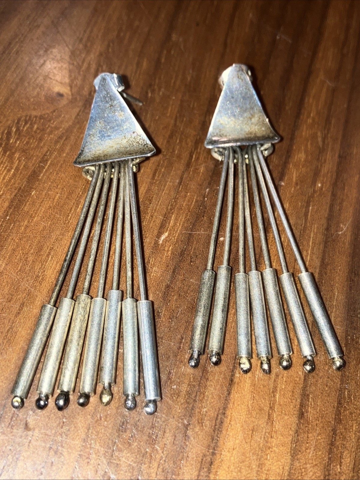 Sterling Silver Dangle Earrings Geometric Fringe Modern Style Taxco 15.26g
