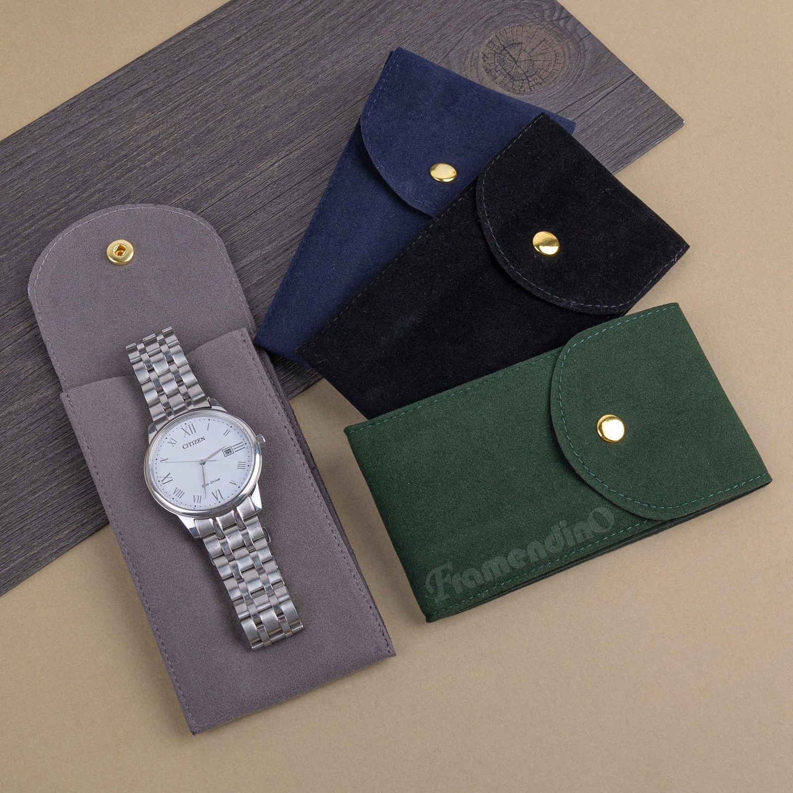 Framendino, 4 Pack Velvet Watch Pouch with Snap Button 4 Pack, Multicolor