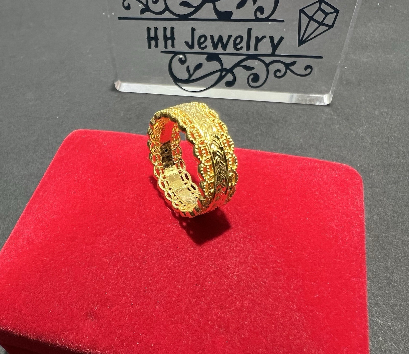 24K Yellow Gold Hollow Wide Diamond Cut Infinity Eternity Ring Band