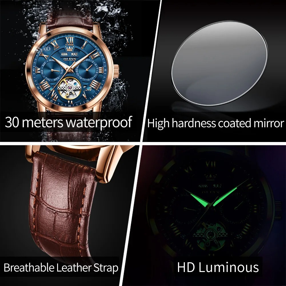 Automatic Mechanical Waterproof Watch Men’s Luxury Skeleton OLEVS Date Men Stra