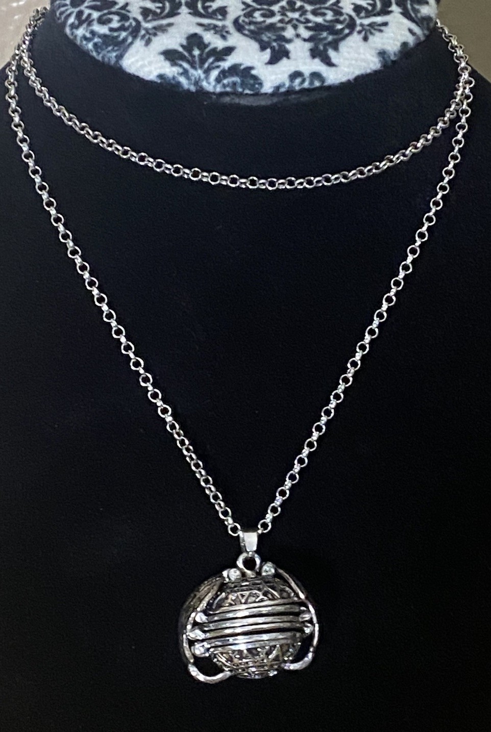 Puzzle Ball Pendant Necklace Angel Wings Sphere Photo Locket Silver Tone 24 In