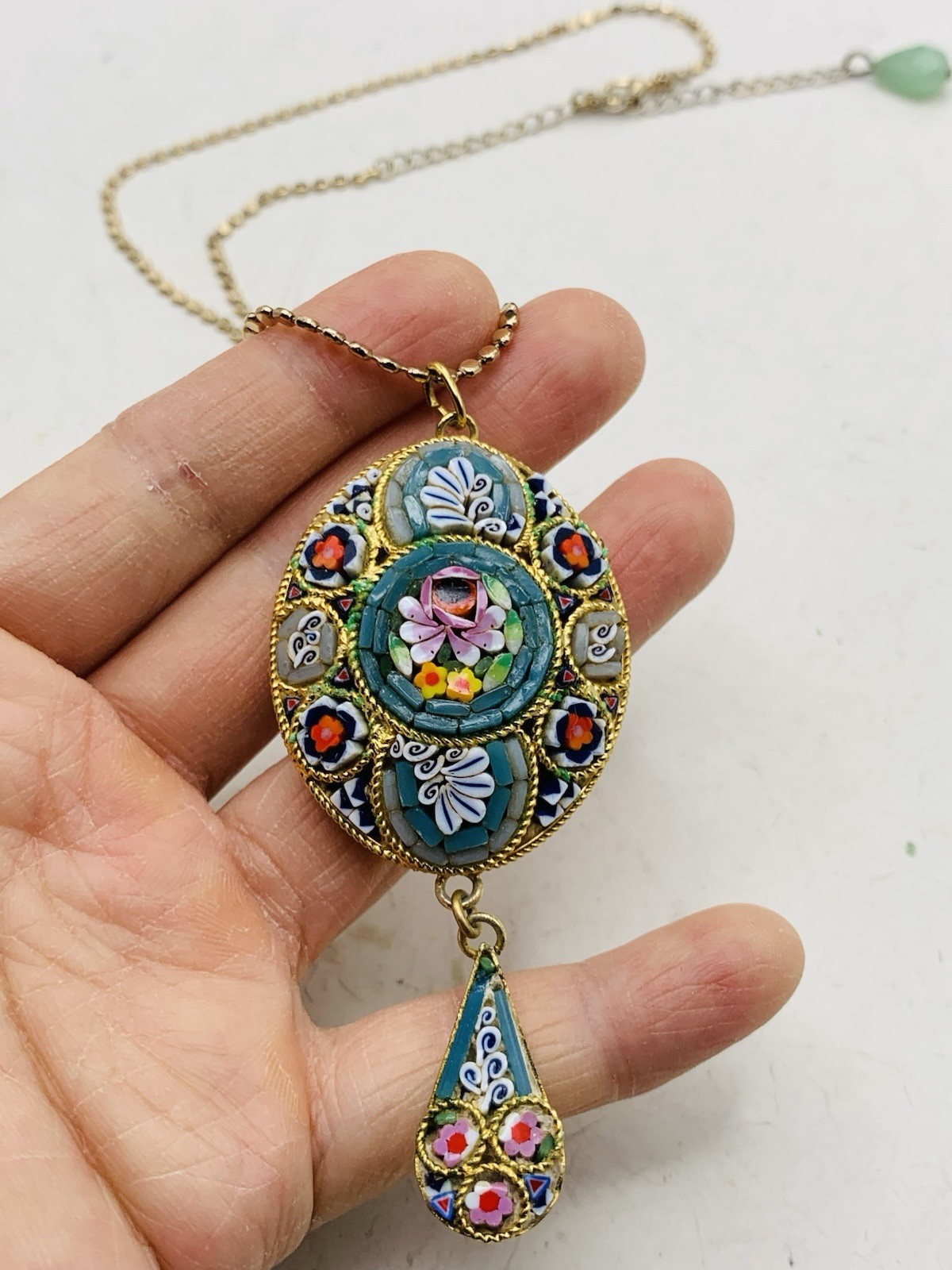 Vintage Colorful Boho Italian Micro mosaic Millefiori Floral Gold Tone Necklace