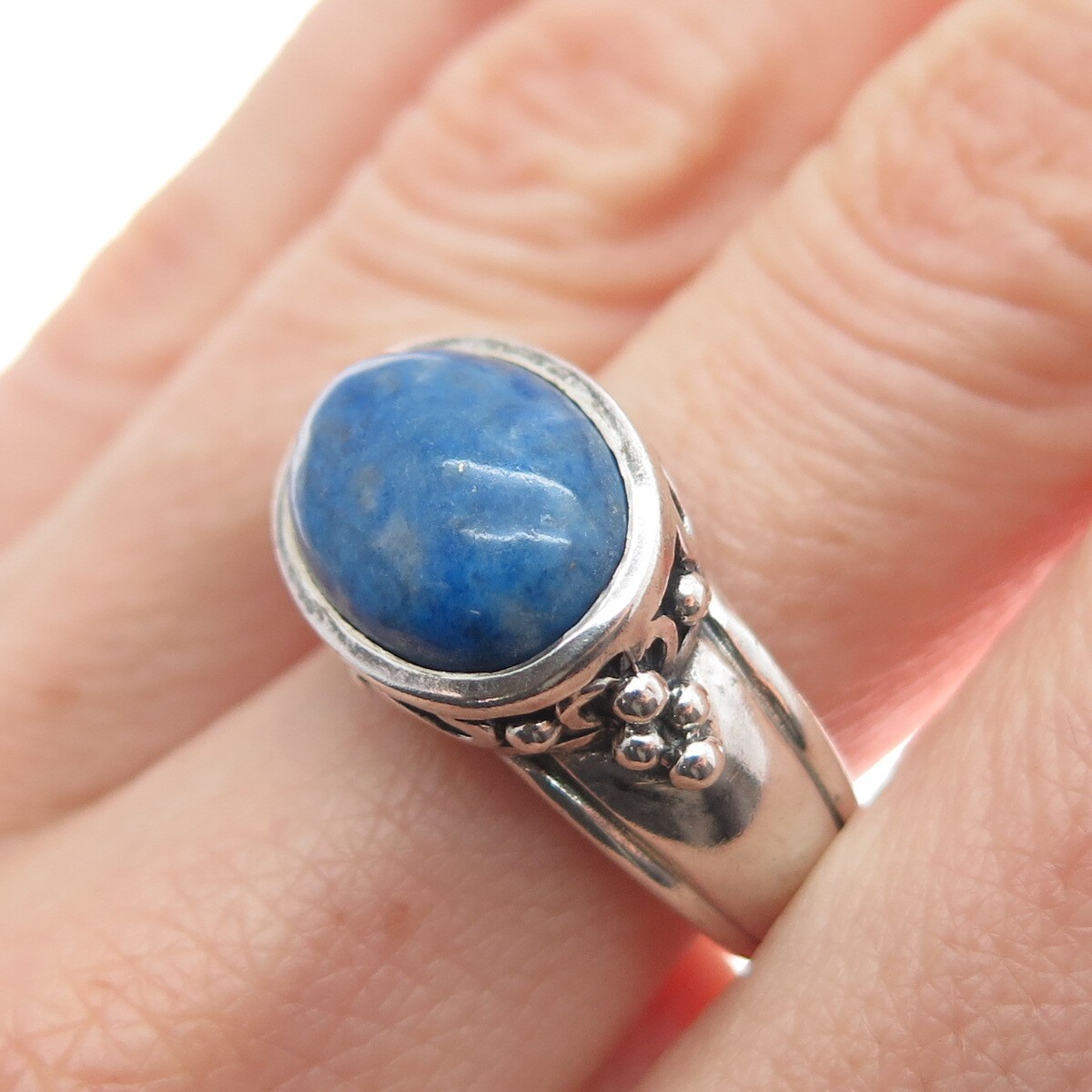 925 Sterling Silver Vintage Real Lapis Lazuli Gem Beaded Swirl Ring Size 7.25